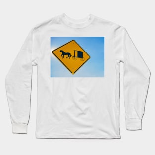 Amish traditional horse and buggy road sign yellow on blue background Long Sleeve T-Shirt